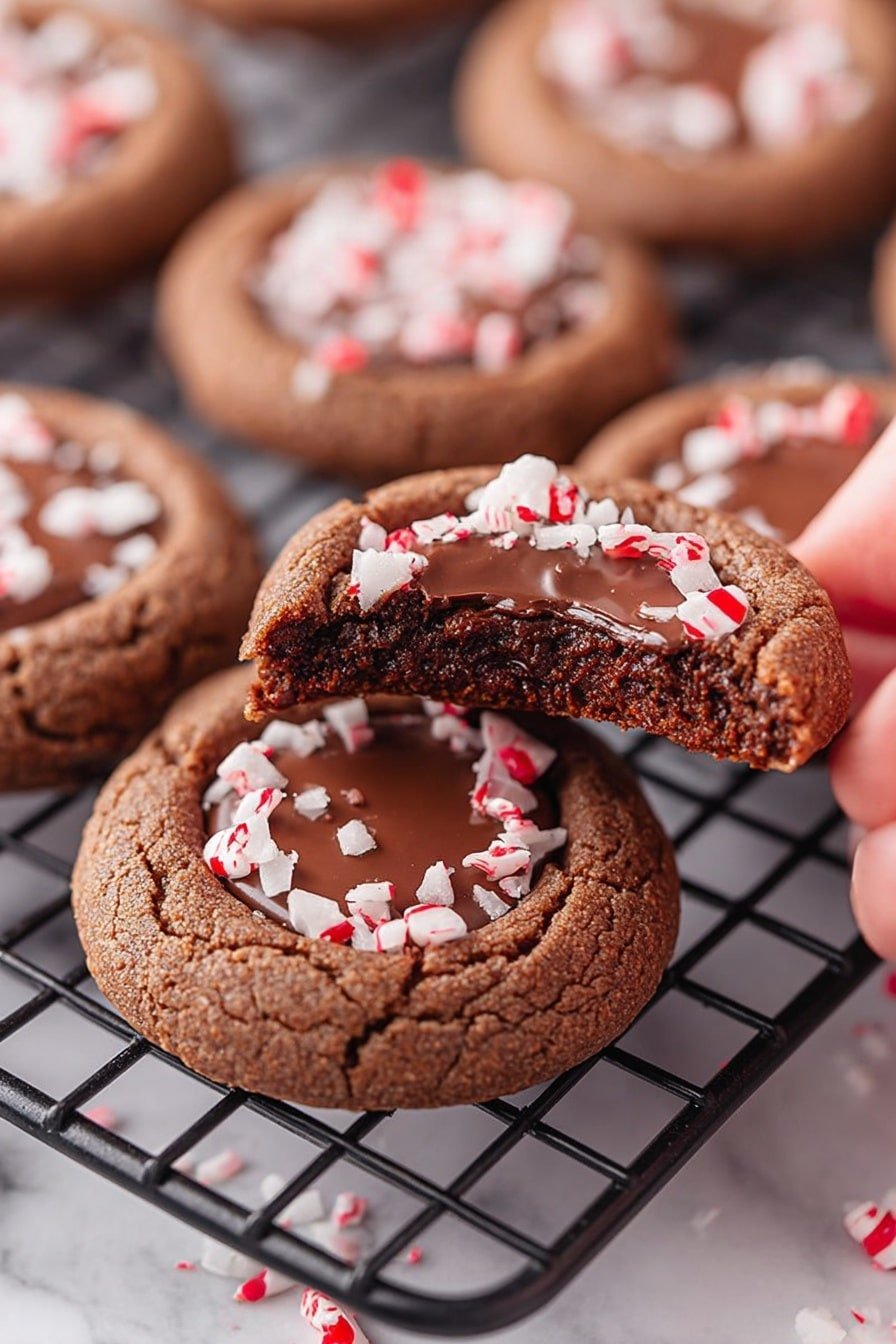 The image shows a close-up of round chocolate cookies arranged on a black cooling rack over a white marbled surface. Each cookie has two layers: the outer layer is a soft-looking, brown chocolate cookie with a slightly cracked texture, and the center is filled with a smooth milk chocolate circle topped with crushed white and red peppermint candy pieces. One cookie is held up by a woman's hand, showing a large bite taken out of it, revealing the dense chocolate inside the cookie and the creamy chocolate center. The crushed peppermint bits add a speckled texture and pop of color on top of the glossy chocolate layer. photo taken with an iphone --ar 2:3 --v 7