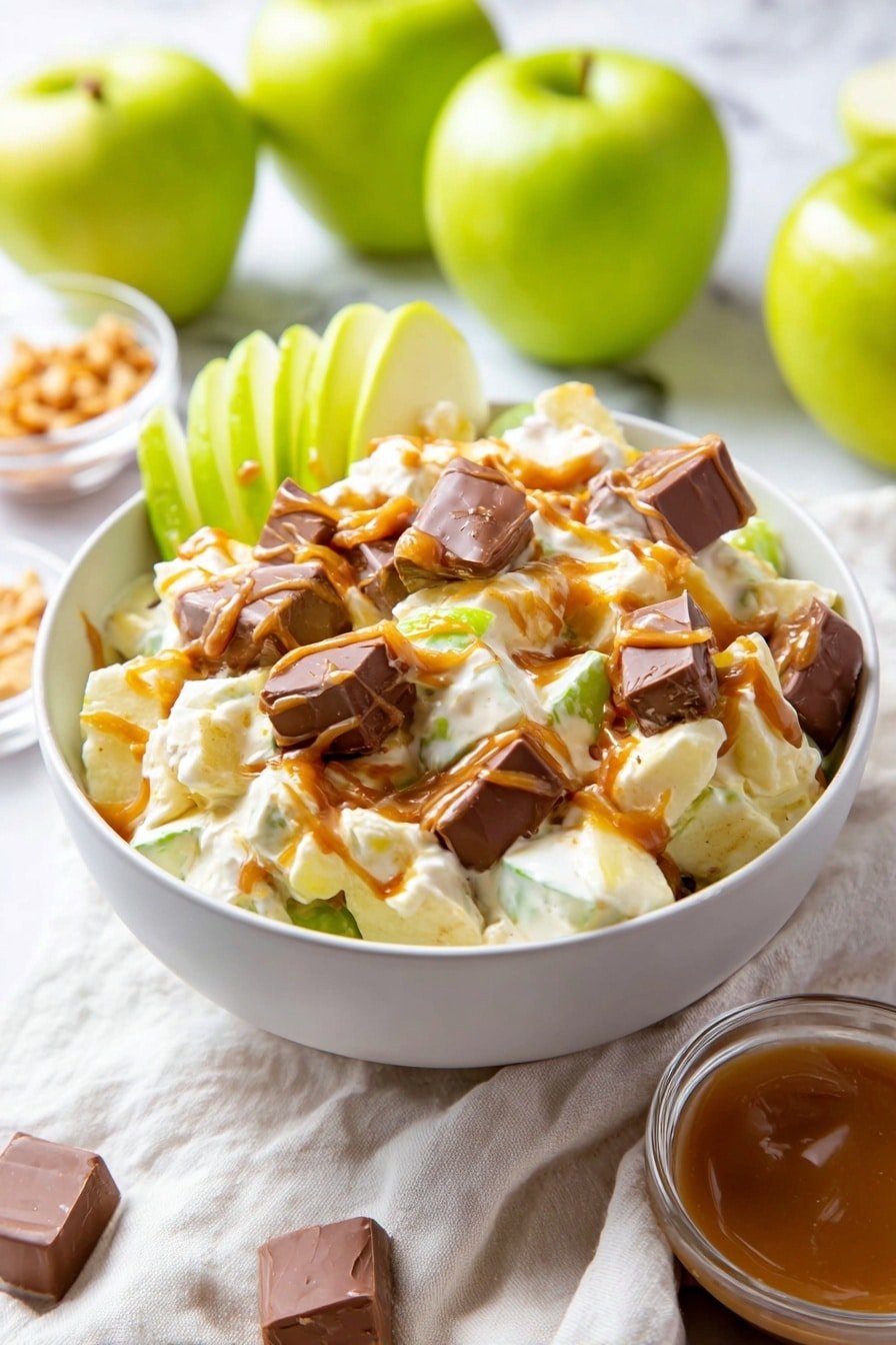 A white bowl filled with a creamy salad that has chunks of light yellow apple pieces mixed with white dressing, topped with square pieces of chocolate candy that show a caramel and peanut layer inside. On one side, there are thin bright green apple slices leaning against the salad. Some caramel sauce drizzled on top adds a shiny amber color. Around the bowl, there are whole green apples, glass bowls with caramel sauce and candy pieces, and a white cloth under the bowl on a white marbled surface. Photo taken with an iphone --ar 2:3 --v 7