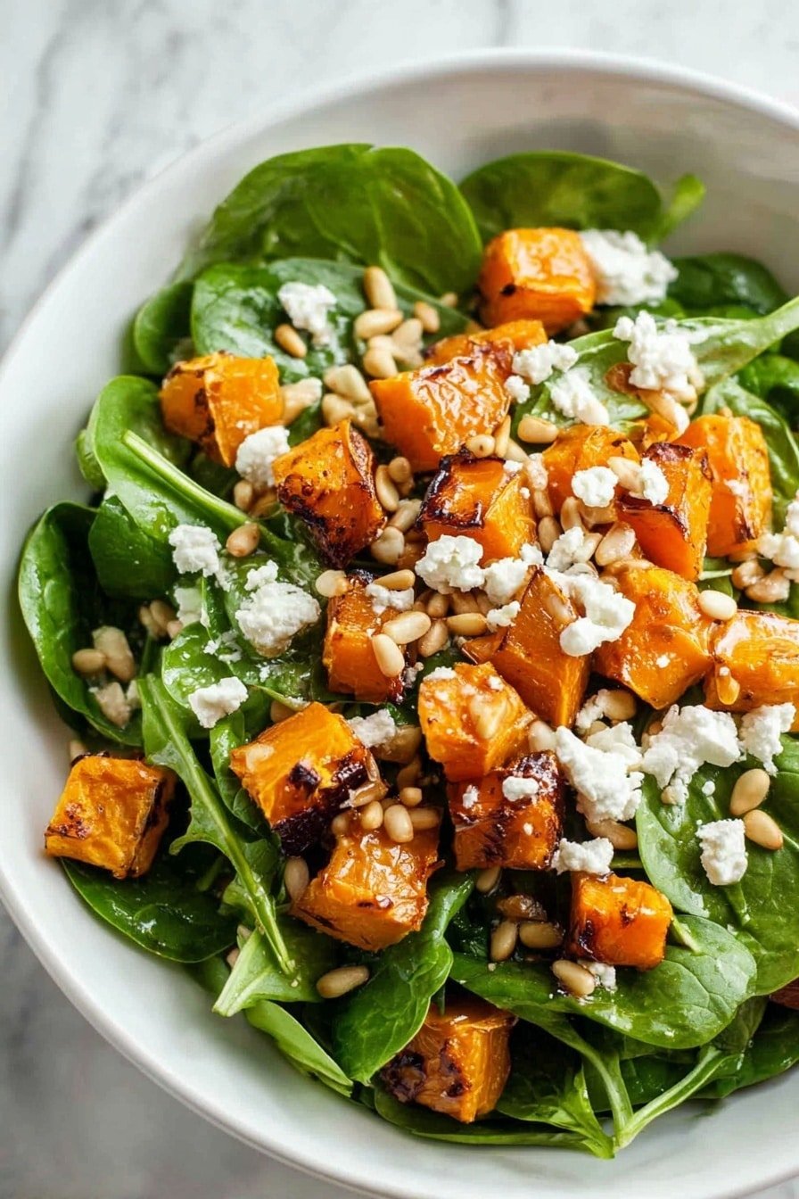 The image shows a salad in a white bowl on a white marbled surface. The base layer is fresh green spinach leaves with a smooth texture. On top of the greens, there are medium-sized, roasted orange cubes of butternut squash that have a slightly caramelized, shiny surface. Scattered over the salad are small, creamy white crumbles of cheese with a soft texture. Light brown pine nuts are sprinkled evenly over the entire dish, adding a small rounded texture and a slightly glossy look. The salad looks fresh and colorful with a mix of green, orange, white, and light brown. Photo taken with an iphone --ar 2:3 --v 7