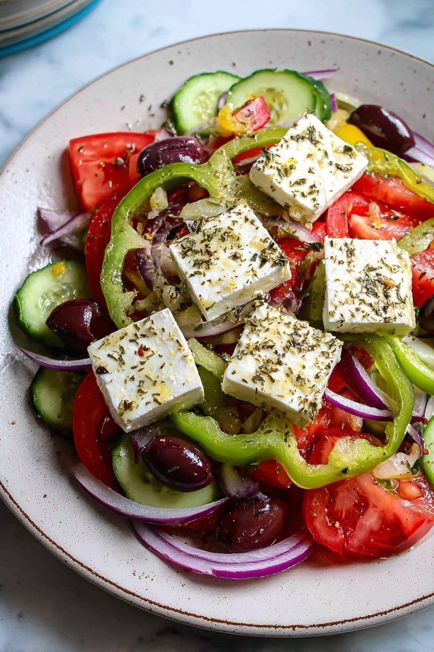 A white plate holds a colorful salad with several layers starting from at the bottom thin slices of green cucumbers and red tomato wedges mixed with thin half rings of light purple onion. On top are bright green rings of bell pepper and shiny black olives scattered around. The last layer features four white blocks of soft cheese sprinkled with dried herbs, evenly spaced on the salad. The whole dish looks fresh and vibrant with a mix of fresh veggies and cheese, all placed on a white marbled surface. photo taken with an iphone --ar 2:3 --v 7