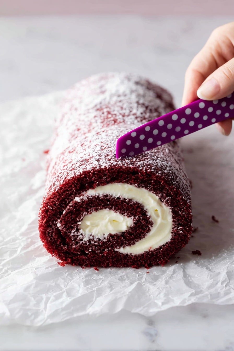 A close-up view of a red velvet roll cake with a thick white cream layer spiraled inside the deep red cake layer. The roll is dusted with powdered sugar, giving it a light white coating on top. A woman's hand is holding a purple knife with white polka dots, cutting through the cake roll. The cake is placed on crumpled white parchment paper over a white marbled surface. The image shows detailed texture of the soft cake and smooth cream filling. Photo taken with an iphone --ar 2:3 --v 7