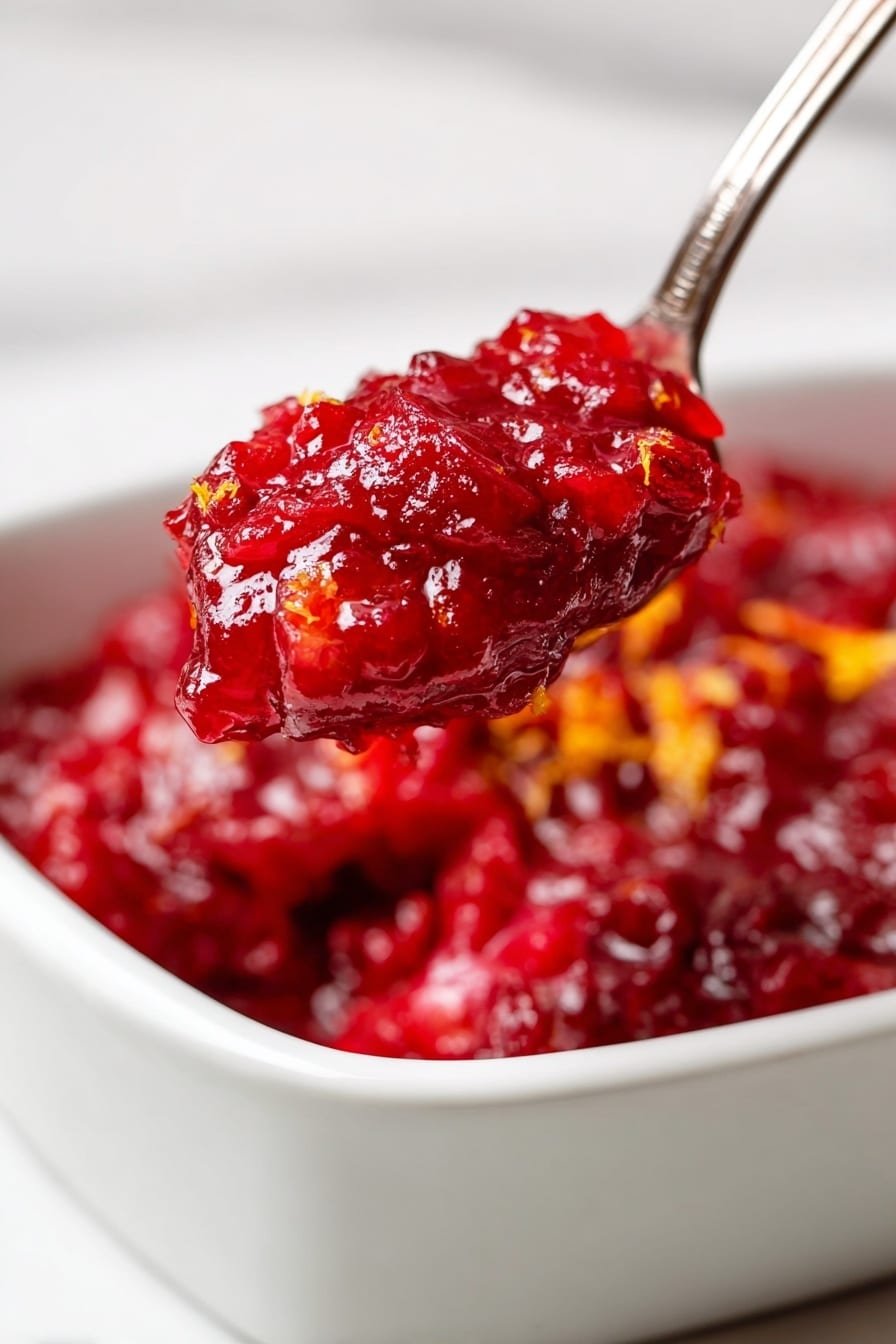 A close-up view of bright red cranberry sauce in a white dish. The sauce has a thick texture with many small, chunky pieces of cranberries and some orange peel bits mixed in. A silver spoon lifts a generous scoop of the glossy, shiny sauce above the dish. The background is a soft white marble texture, adding a clean and simple look. photo taken with an iphone --ar 2:3 --v 7