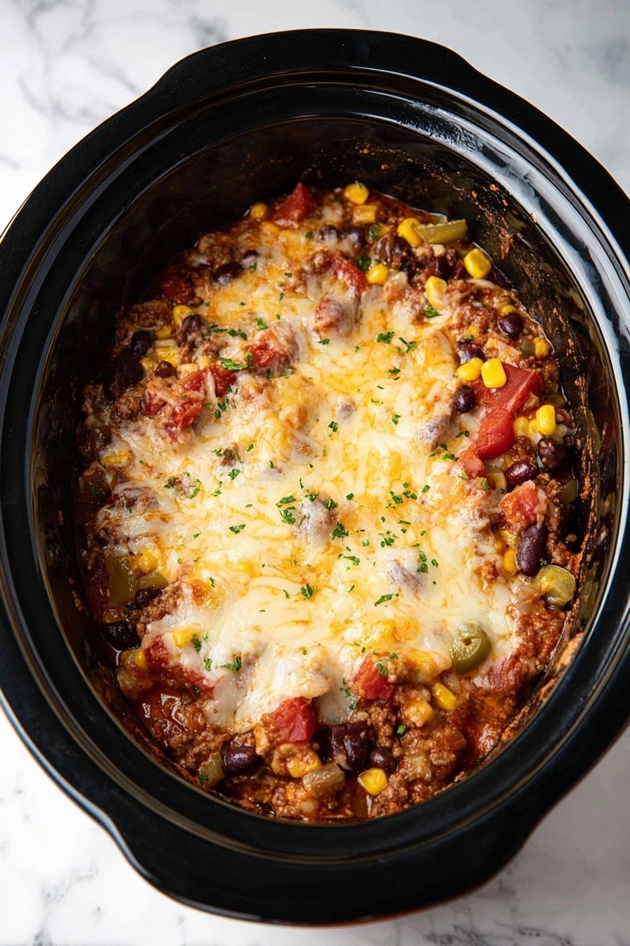 The dish shows a thick layer of melted light golden cheese on top with a slightly browned spot in the center. Underneath, there are dark brown beans, bright yellow corn kernels, chunks of reddish tomatoes, and diced green peppers mixed in a rich, saucy base with bits of light brown meat. All of this is inside a deep black slow cooker pot sitting on a white marbled surface. photo taken with an iphone --ar 2:3 --v 7