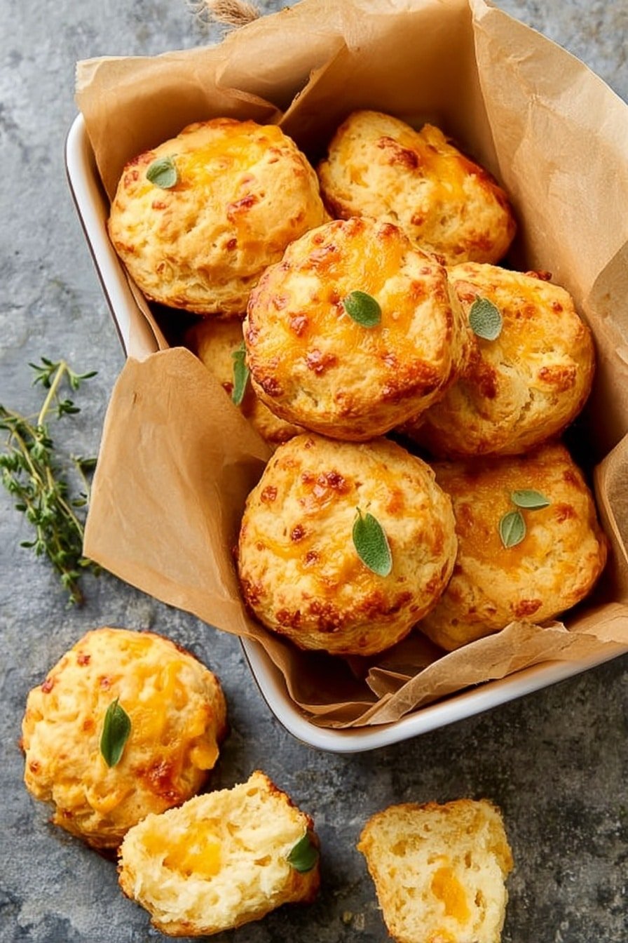 A white rectangular dish lined with brown parchment paper is filled with golden-brown cheese muffins, each with a slightly crispy top that shows melted cheese spots and small browned edges. Some muffins have small green herb leaves placed on top, adding a touch of color. Around the dish, there are a few muffins placed directly on a gray textured surface, including one broken in half, showing a soft, fluffy, light-yellow inside with visible melted cheese textures. The overall look is warm and inviting, with a fresh, rustic feel. Photo taken with an iphone --ar 2:3 --v 7