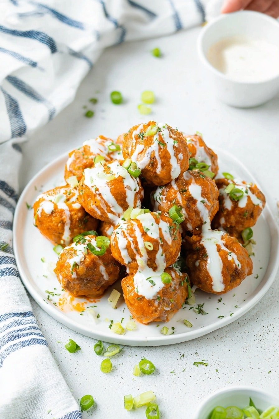 A white plate full of round, orange-colored meatballs covered in a shiny sauce, each topped with white creamy drizzle and small pieces of green herbs. A woman's hand holding a silver fork is lifting one meatball, showing the soft, textured inside. The surface under the plate is a white marbled texture. The background is softly blurred with a small white bowl visible. photo taken with an iphone --ar 2:3 --v 7