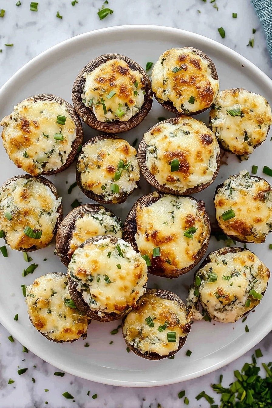 A white round plate holds fifteen stuffed mushrooms arranged casually in a loose circle and center stack. Each mushroom has a golden brown top layer of melted cheese with a slightly bubbly, uneven texture mixed with finely chopped green herbs. Below the cheese, the mushroom filling shows creamy light beige with bits of green, filling each mushroom cap fully. The mushrooms have a light brown outer edge with a slightly textured skin. Small green herb pieces are sprinkled on top of the cheese. The plate sits on a white marbled surface with scattered chopped herbs around it. Photo taken with an iphone --ar 2:3 --v 7