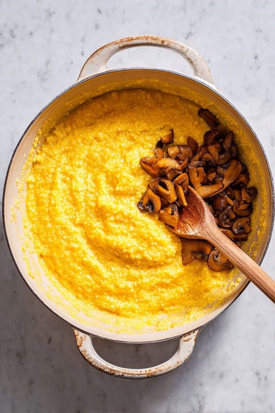 A large white pot filled with soft, bright yellow polenta that has a thick and grainy texture, partially stirred with a long wooden spoon resting on the right side inside the pot. The pot has two sturdy handles and sits on a white marbled surface, with some small splashes of polenta around the edges of the pot. Photo taken with an iphone --ar 2:3 --v 7
