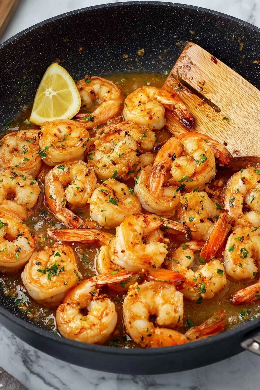 A black frying pan filled with cooked shrimp arranged in a single layer, each shrimp light orange with pink tails and slightly charred edges, cooked in a golden-brown sauce that pools at the bottom of the pan. Small green herb pieces are sprinkled evenly on the shrimp. A wooden spatula is partially under some shrimp on the right side. A lemon slice is visible on the left edge of the pan. The pan sits on a white marbled surface. photo taken with an iphone --ar 2:3 --v 7