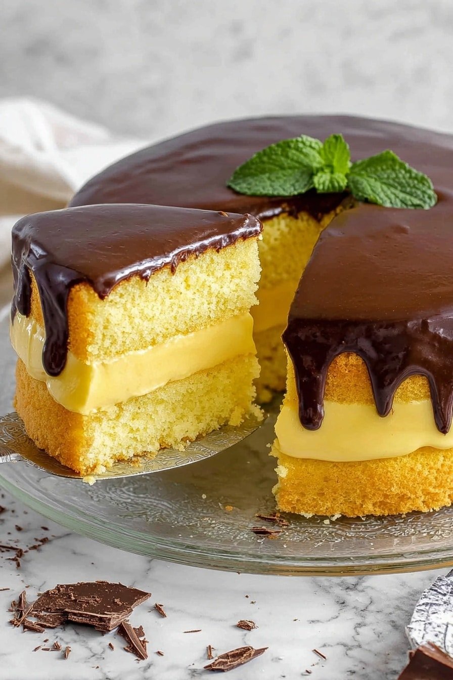 The image shows a two-layer yellow sponge cake with a smooth, thick yellow cream filling between the layers. The top of the cake is covered with a shiny, dark chocolate glaze that drips gently over the edges. A green leaf garnish is placed on the center of the cake’s top. The cake is placed on a clear glass plate, with a slice being lifted by a metal spatula. Small bits of chocolate are scattered around the plate, and the background is a white marbled texture. Photo taken with an iphone --ar 2:3 --v 7