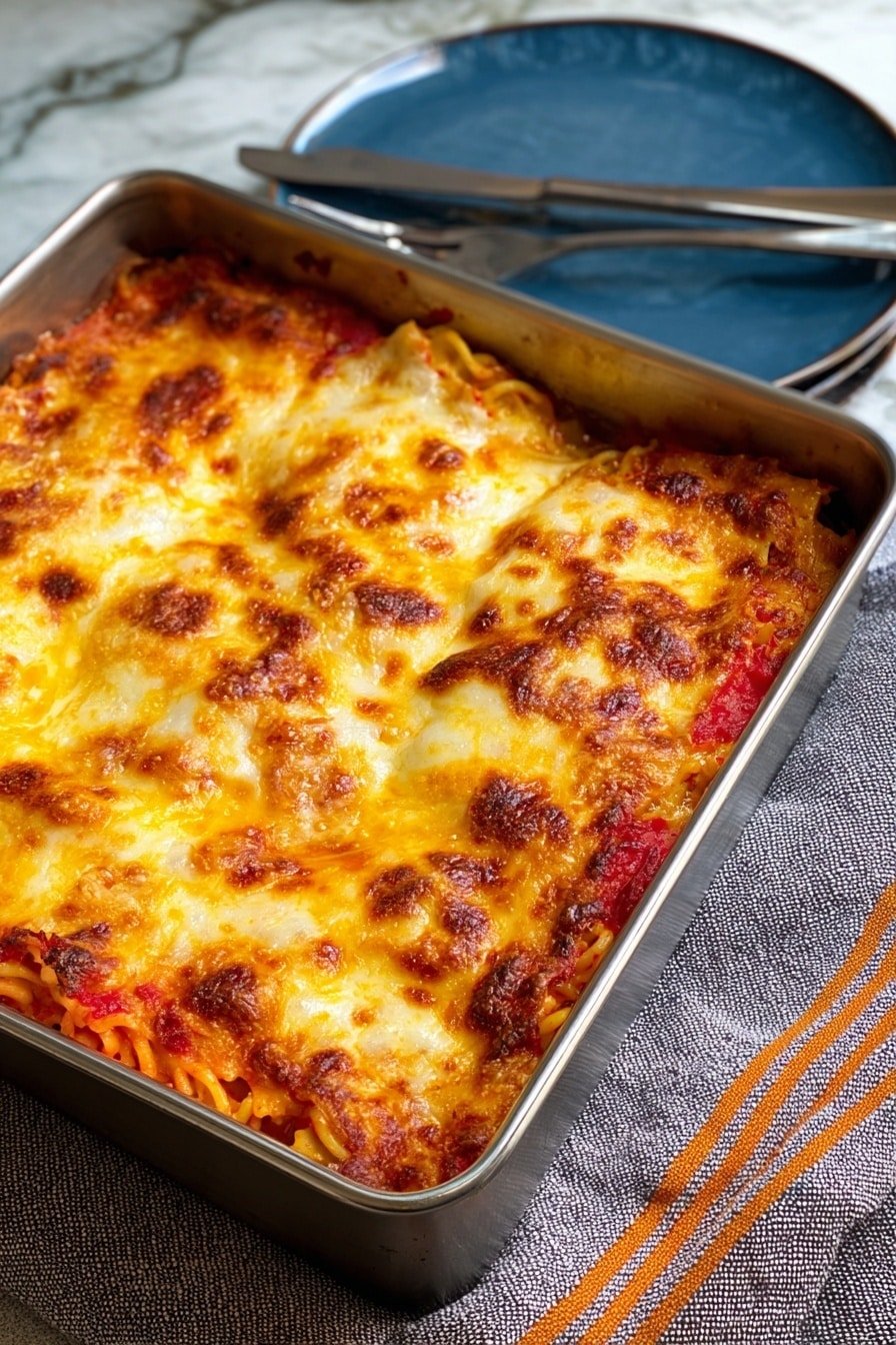 A metal square baking pan filled with a layered baked dish featuring a golden brown melted cheese crust on top with spots of darker brown where the cheese is toasted. Below the cheese, a bright red tomato sauce peeks through in some areas. The pan sits on a textured gray cloth with thin orange stripes. In the background, there is a white marbled surface with a blue plate holding a fork and knife. The overall look is warm and appetizing with a slightly crisp cheese topping. photo taken with an iphone --ar 2:3 --v 7