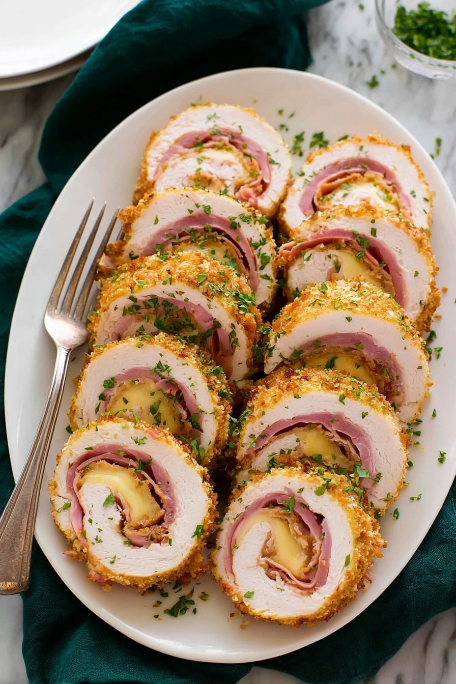 The dish shows several slices of a rolled and baked chicken roll arranged neatly on a large white plate. Each slice has three visible layers: the outside is a golden-brown crispy breaded crust, the middle is white chicken meat, and the inside has thin pink ham and creamy yellow cheese swirled together. The slices are sprinkled with chopped green herbs for a fresh touch. A large silver fork and a dark green cloth are placed near the plate, which sits on a white marbled surface. Photo taken with an iphone --ar 2:3 --v 7
