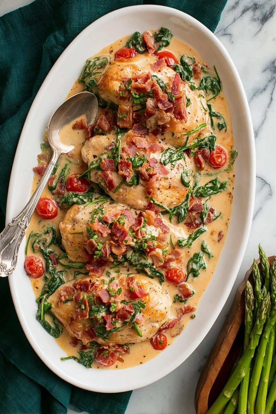 The dish shows four cooked chicken pieces with a light brown color, seasoned and topped with a creamy sauce filled with small red cherry tomato slices, bright green spinach leaves, and crispy brown bacon bits, all sitting on a large white oval plate. A silver spoon rests on the left side of the plate. The plate is placed on a dark green cloth over a white marbled surface. On the bottom right corner, there is a wooden bowl filled with bright green steamed asparagus spears. Photo taken with an iphone --ar 2:3 --v 7