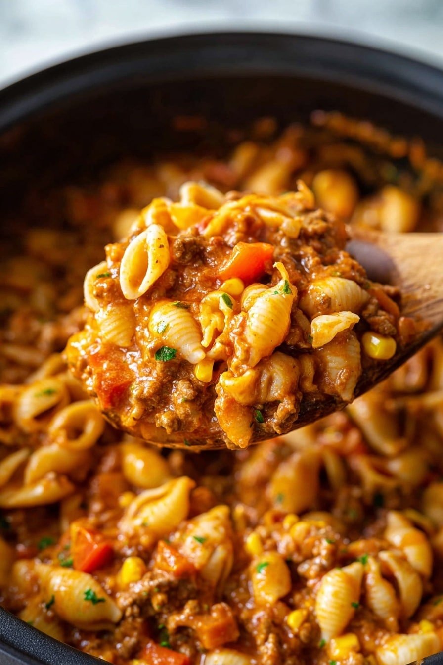 A close-up of a dark cooking pot filled with creamy pasta shells mixed with small pieces of red bell pepper, ground meat, and corn. The pasta is covered evenly in a rich orange sauce, with some green herb bits sprinkled throughout. A wooden spoon is lifting a scoop of the pasta mix, showing the soft texture and colorful ingredients in the sauce. The background is a white marbled texture photo taken with an iphone --ar 2:3 --v 7