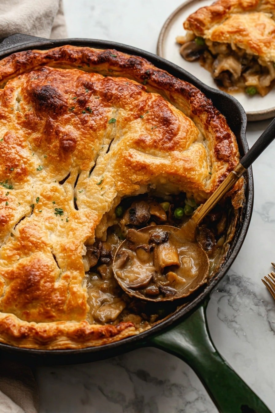 A golden brown pie with a flaky top crust sits in a black cast iron skillet with a green handle on a white marbled surface. The top crust is textured and has several small slits for steam. A large spoon reveals the inside of the pie, showing a thick filling of light brown sauce with chunks of mushrooms, small green peas, and other vegetables. In the top right corner, part of a white plate holds a piece of the same pie. The scene is softly lit, focusing on the pie’s warm, crispy crust and rich filling. photo taken with an iphone --ar 2:3 --v 7