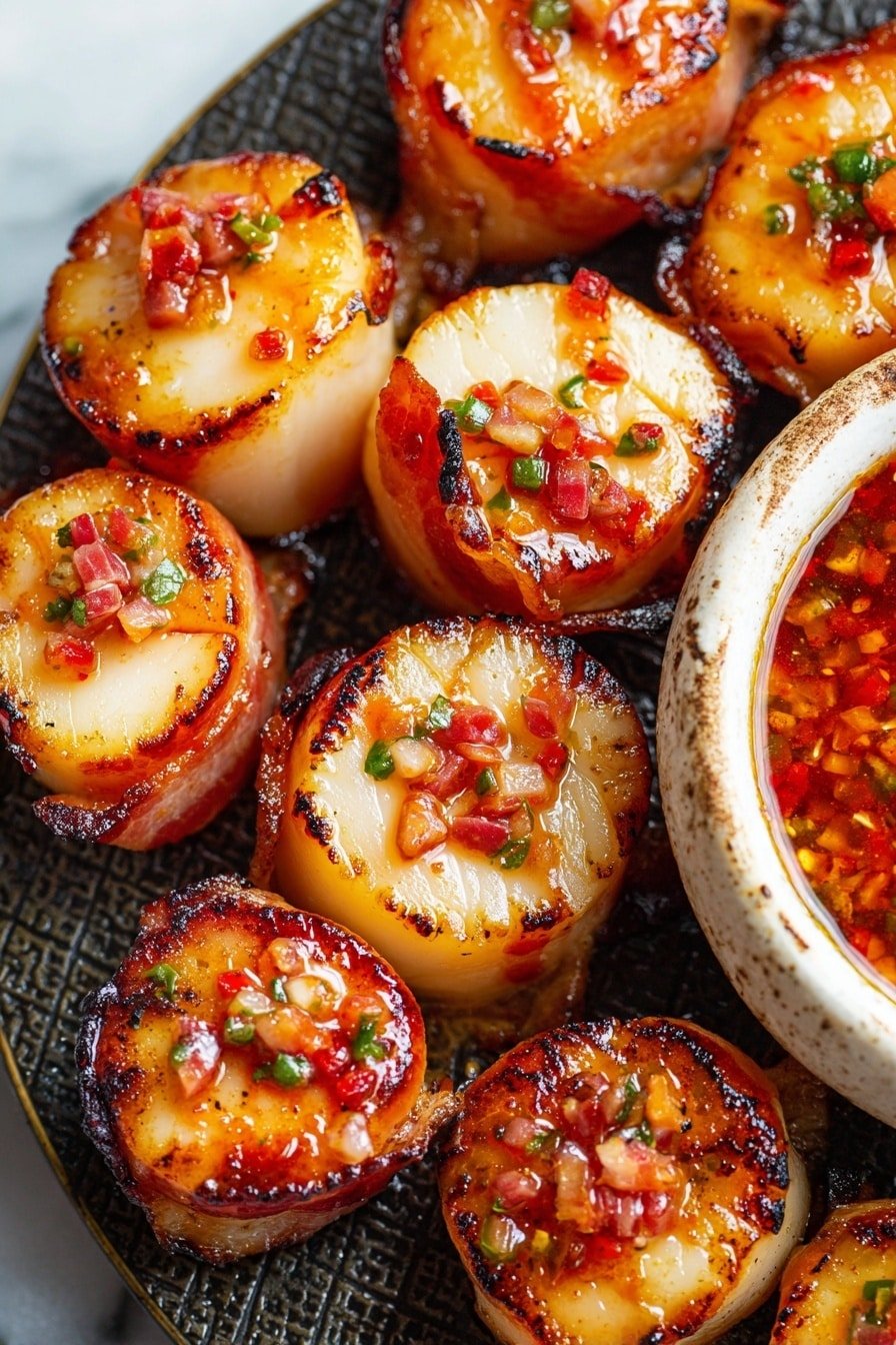 The image shows several round scallops wrapped in crispy bacon, each scallop topped with small bright red and green pepper bits that add a glossy, colorful texture. The scallops have a slight char on their edges, showing a golden-brown grilled look. They rest closely together on a textured dark cooking pan. On the right side, a white bowl with a rough outer edge is filled with a shiny, chunky red sauce. The background is a white marbled surface. photo taken with an iphone --ar 2:3 --v 7