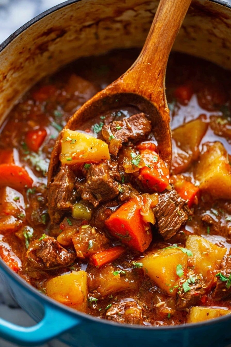A close-up view of a rustic stew inside a blue pot, showing chunky layers of tender brown meat, bright orange carrot pieces, yellow potato chunks, and small bits of green herbs mixed into a thick, glossy brown sauce. The stew has a rich texture with visible soft vegetable cubes and meat pieces, held up by a wooden spoon in the center. The edges of the pot have some sauce stains, and the background is a white marbled texture. photo taken with an iphone --ar 2:3 --v 7