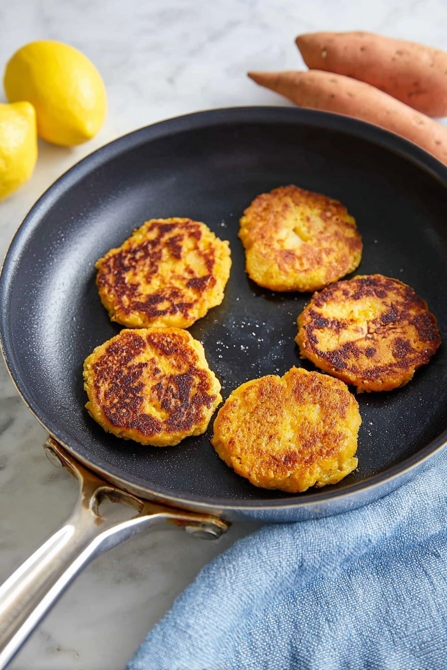 A black frying pan holds five small, round, golden-brown patties with slightly uneven edges and darker toasted spots on top. The pan's metallic handle extends outward resting on a white marbled surface. To the right of the pan, two whole orange sweet potatoes sit, and to the left, a whole yellow lemon rests on a soft blue cloth. Photo taken with an iphone --ar 2:3 --v 7