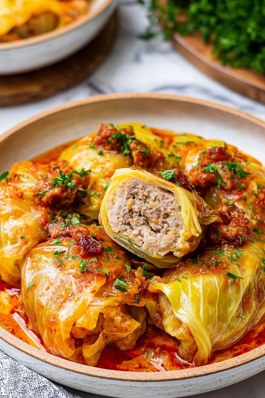 A large white bowl holds several rolled cabbage leaves stuffed with a greyish meat mixture, with one roll cut open to show the filling inside. The cabbage leaves are a translucent yellowish color, soft and shiny, covered in a reddish-orange sauce. Scattered throughout and on top of the rolls are small pieces of browned meat and finely chopped green herbs. The dish sits on a white marbled surface with part of another bowl blurred in the background. photo taken with an iphone --ar 2:3 --v 7