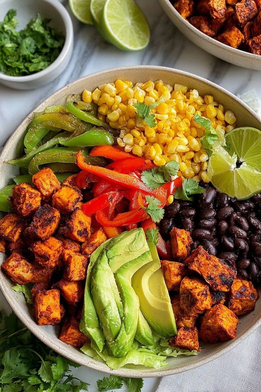 A close-up of a bowl filled with six main layers, starting with a base of green lettuce on the right side. Next to the lettuce are five slices of bright green avocado fanned out neatly. Above the avocado is a section of dark black beans with a soft texture. To the left of the beans, vibrant grilled red and green bell pepper strips mixed with translucent grilled onion pieces create a colorful layer. Above the peppers is a portion of bright yellow grilled corn kernels with slight char marks. Finally, the top left is filled with evenly sized orange-brown roasted sweet potato cubes, next to a cluster of reddish-orange grilled chicken chunks sitting on a beige bowl. Garnishing includes a sprig of fresh green cilantro and two lime wedges placed on the right edge of the bowl, all set on a white marbled surface with a small bowl of cilantro and another beige bowl filled with similar food partially visible in the background photo taken with an iphone --ar 2:3 --v 7