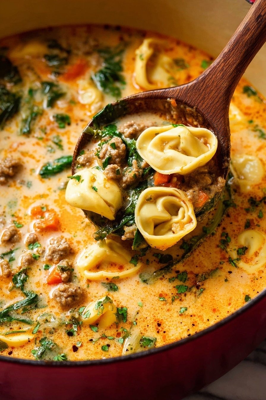 A close-up view of a creamy soup in a red pot on a white marbled surface. The soup has an orange-colored creamy broth with visible small browned meat pieces, chopped green leafy herbs, and small diced vegetables like carrots. There are light yellow tortellini pasta floating in the soup, and a wooden spoon lifts some tortellini, greens, meat, and vegetables from the pot, showing detailed textures and colors with the broth coating them. The scene looks warm and inviting, with bright and fresh ingredients. photo taken with an iphone --ar 2:3 --v 7