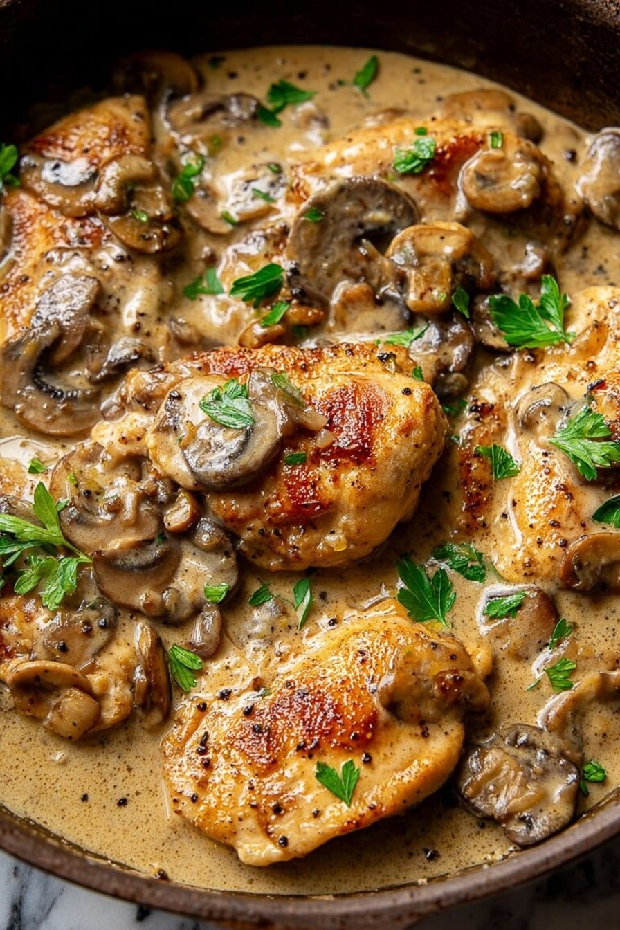 The image shows a close-up of five golden-brown cooked chicken pieces layered in a dark skillet, covered with a creamy light beige sauce filled with sliced brown mushrooms and small bits of onions. Bright green parsley leaves are scattered on top for color contrast. The sauce has a smooth texture and a few black pepper specks add detail. The skillet rests on a white marbled surface. photo taken with an iphone --ar 2:3 --v 7