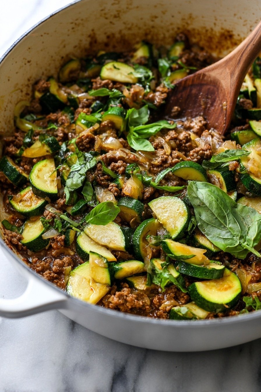 The image shows a white cooking pot filled with a cooked mixture of ground meat and sliced zucchini. The dish has three main layers: the bottom layer is a brown, slightly oily meat base with bits of cooked onion and garlic, the middle layer consists of semi-cooked, green zucchini slices with some yellow inside, and the top layer is scattered fresh green basil leaves. A wooden spoon is partly submerged in the mixture, stirring the ingredients. The pot is placed on a white marbled surface. Photo taken with an iphone --ar 2:3 --v 7