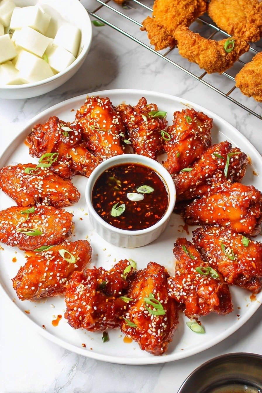 A large white plate holds a circular arrangement of ten crispy chicken wings covered in a shiny, sticky orange-red sauce. Each wing is sprinkled with white sesame seeds and small slices of bright green scallions. In the center of the plate is a small white bowl filled with a dark reddish dipping sauce, also garnished with a few sesame seeds and scallions. In the background, pieces of golden fried chicken rest on a metal cooling rack, and to the left, a white bowl contains cubed white radish. The whole setting is on a white marbled surface. Photo taken with an iphone --ar 2:3 --v 7