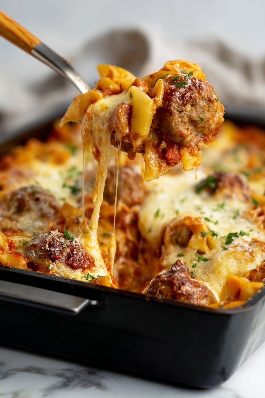 This image shows a close-up of a baked pasta dish in a black baking pan placed on a white marbled surface. There are layers of pasta, tomato sauce, browned meatballs, and melted golden cheese with some green herbs sprinkled on top. A woman's hand is lifting a spoonful of pasta, showing stretchy, melted cheese dripping down. The pasta is covered with sauce and cheese, and the meatballs are browned with a textured surface, mixed in the saucy layers. The background is softly blurred to focus on the hot, cheesy pasta scoop photo taken with an iphone --ar 2:3 --v 7