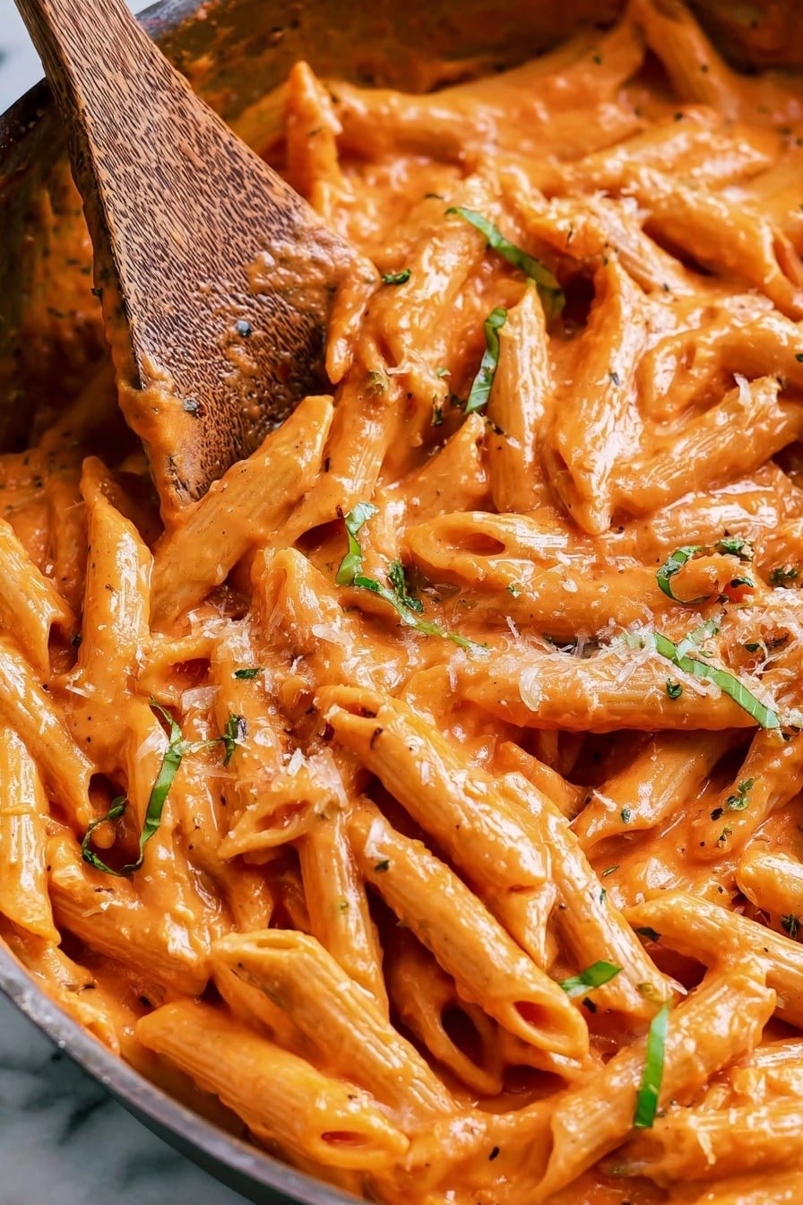 The image shows a close-up of a pan filled with penne pasta coated in a smooth, creamy, orange-red sauce. The pasta pieces are arranged in layers, with the sauce evenly covering all surfaces, giving them a shiny look. Thin green basil strips are scattered throughout the pasta, adding contrast. There are small bits of grated white cheese sprinkled over the top, melting slightly into the sauce. A wooden spoon with a light brown, textured surface is partially shown, resting on and mixing the pasta. The background visible is a white marbled texture. photo taken with an iphone --ar 2:3 --v 7