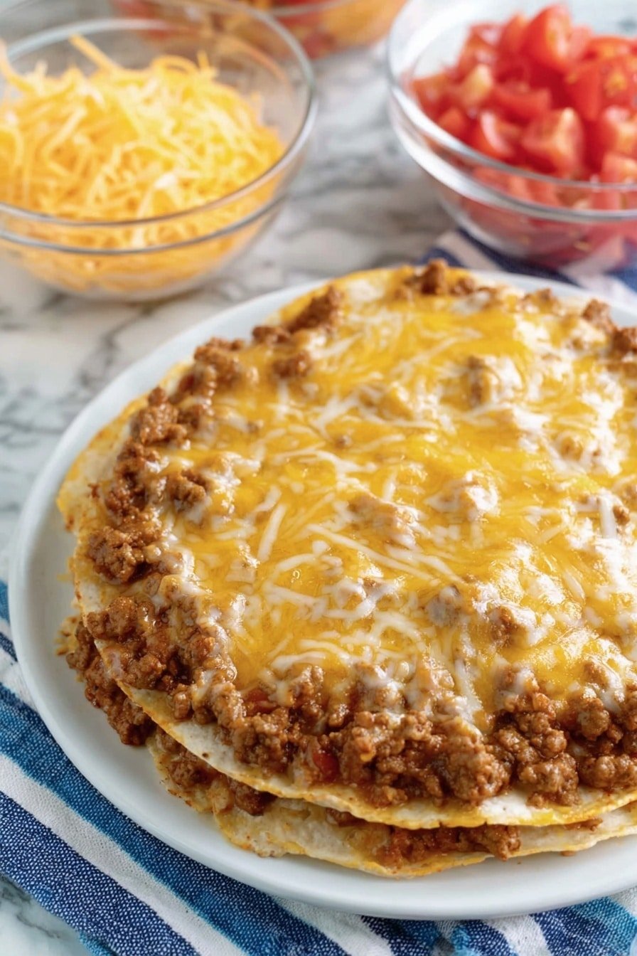 A white plate holds two stacked tortillas as the base layer, topped with a thick layer of browned cooked ground meat with a slightly crumbly texture, evenly spread. Over the meat, a layer of melted cheese blends yellow and white shades in a smooth, slightly stringy texture, covering the entire surface. In the background, there is a clear glass bowl with shredded yellow cheese and another clear bowl with chopped red tomatoes, all set on a white marbled surface with a blue and white striped cloth beneath the plate. Photo taken with an iphone --ar 2:3 --v 7