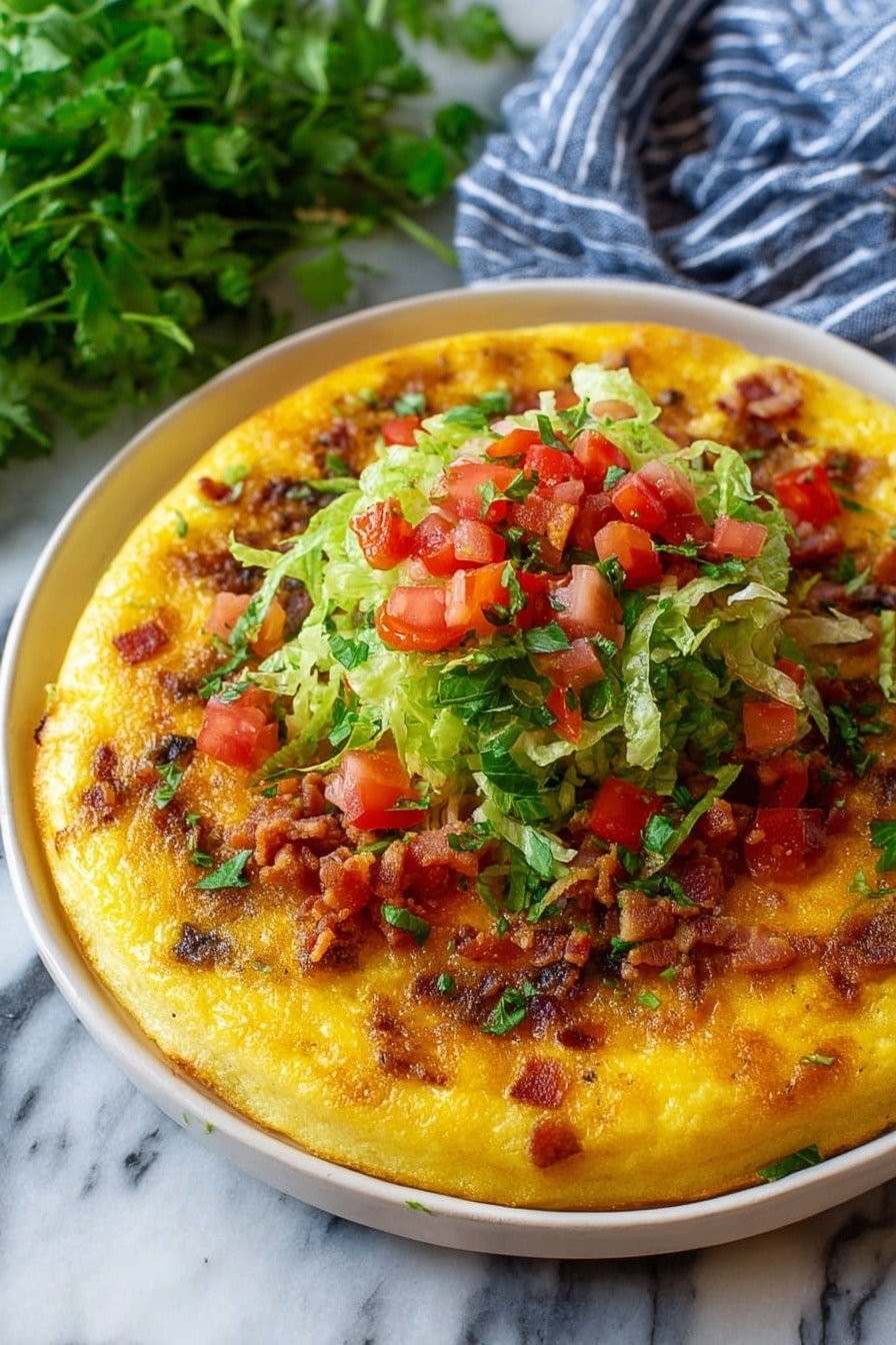A white plate holds a thick, golden-yellow cheesy base with some brown spots that show cooked bits mixed in. On top, there is a pile of finely shredded green lettuce layered with small, bright red diced tomatoes and tiny pieces of crispy brown bacon. The dish sits partly on a white marbled surface with a bunch of green leafy herbs and a blue and white striped cloth in the background. Photo taken with an iphone --ar 2:3 --v 7