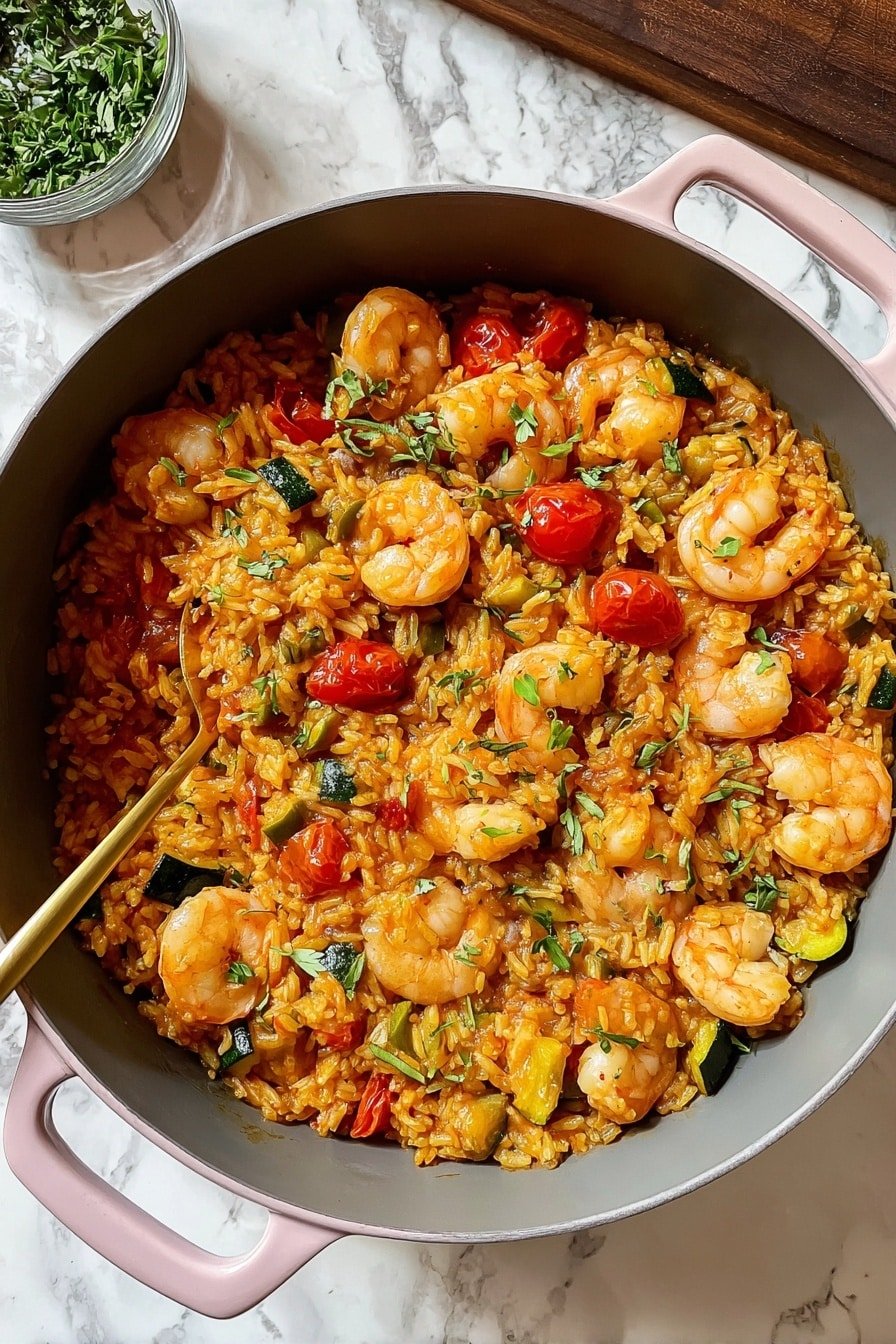 A round grey pot with pink handles is filled with a cooked rice dish. The dish has two main layers visible: a base layer of yellow-orange rice mixed with pieces of green zucchini and sliced red cherry tomatoes, and a top layer of medium-sized shrimp scattered evenly over the rice. Small green herb pieces are sprinkled on top, giving extra color and texture. A gold spoon is partially buried in the rice on the left side of the pot. The pot is placed on a white marbled surface with a small bowl of green herbs partially seen in the top left corner. photo taken with an iphone --ar 2:3 --v 7