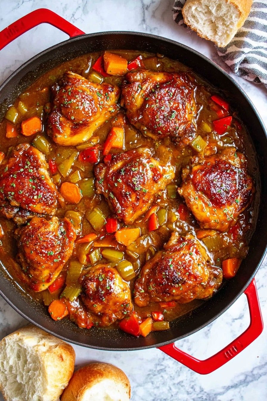 A round black pan with red handles holds eight golden-brown chicken pieces cooked in thick brown sauce. There are pieces of orange carrots, green celery, and red bell peppers mixed inside the sauce, scattered evenly around the chicken. The chicken looks shiny with sauce and has a slightly crispy texture on top. To the right of the pan, two pieces of torn white bread are placed on a white marbled surface. Photo taken with an iphone --ar 2:3 --v 7