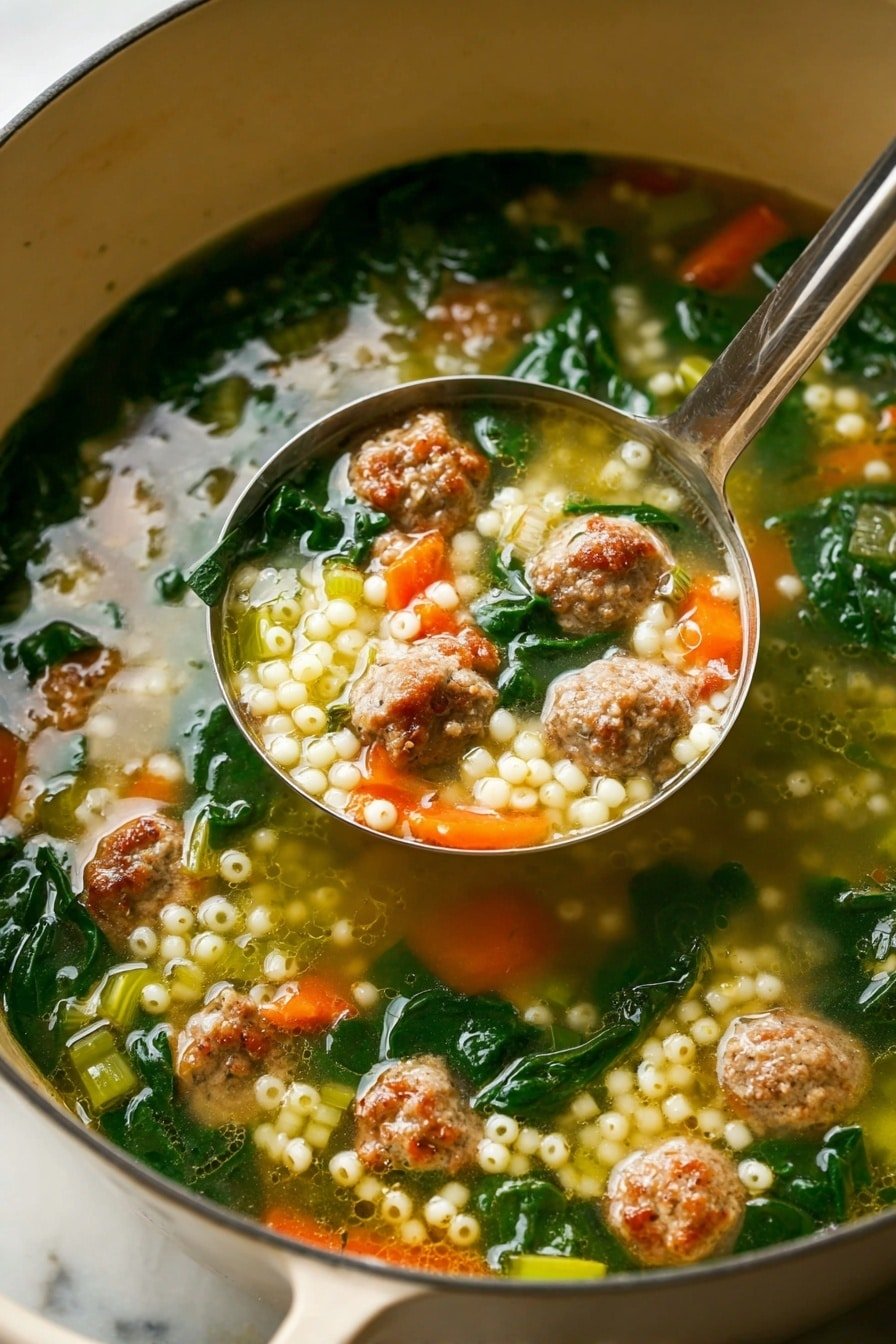This image shows a close-up of a pot of soup filled with several layers of ingredients. The top layer is clear broth with green spinach leaves floating on it. Underneath are small brown meatballs spread evenly in the soup. Scattered around are small round pearl-like pasta pieces in a creamy yellow color. There are bright orange carrot slices and light green celery pieces adding color and texture. A metal ladle is scooping up some soup, showing a mix of these ingredients clearly. The pot is cream-colored and sits on a white marbled surface. photo taken with an iphone --ar 2:3 --v 7