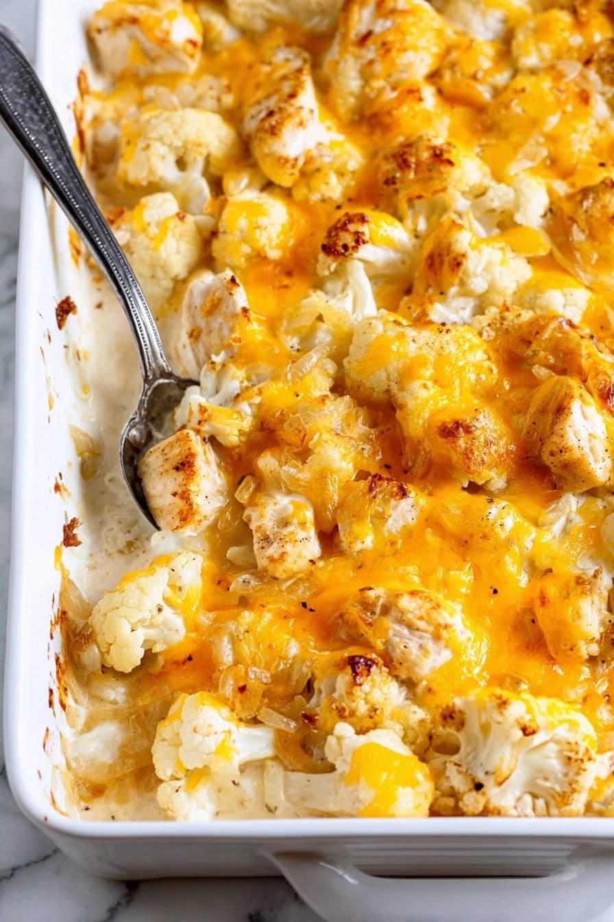 The image shows a white baking dish filled with a cheesy cauliflower casserole. The bottom layer is a creamy white sauce, topped with tender cauliflower pieces that are soft white with some light brown roasted edges. Scattered over the cauliflower are bits of cooked onions that are slightly golden. The top layer is melted bright orange-yellow cheese, bubbling and slightly browned in areas, giving it a rich and appetizing look. A silver spoon with a black handle rests inside the dish on the top left corner. The dish sits on a white marbled surface. photo taken with an iphone --ar 2:3 --v 7