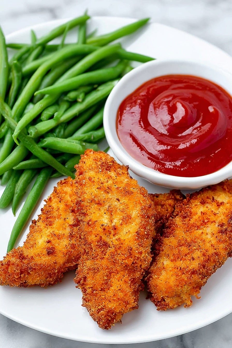 A white plate holds three golden brown crispy chicken tenders with a textured crust, positioned at the front and slightly overlapping each other. Behind the tenders, there is a pile of fresh, bright green, firm green beans, arranged loosely. To the right side of the plate, a white round bowl is filled with smooth, rich red ketchup, showing a slight swirl pattern on top. The entire scene is set on a white marbled surface, highlighting the vibrant colors of the food. photo taken with an iphone --ar 2:3 --v 7