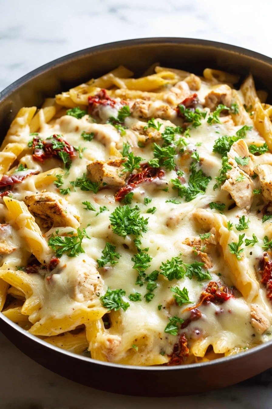 The dish is a pan filled with three main layers: the base layer is yellow penne pasta, the middle layer is chunks of sun-dried tomatoes and pieces of chicken, and the top layer is melted creamy white cheese smoothly spread over the pasta and toppings. Green parsley leaves are scattered on the cheese, adding a bright contrast. The pan is placed on a surface with a white marbled texture. The lighting highlights the melty texture of the cheese and the vibrant colors of the parsley and tomatoes. photo taken with an iphone --ar 2:3 --v 7