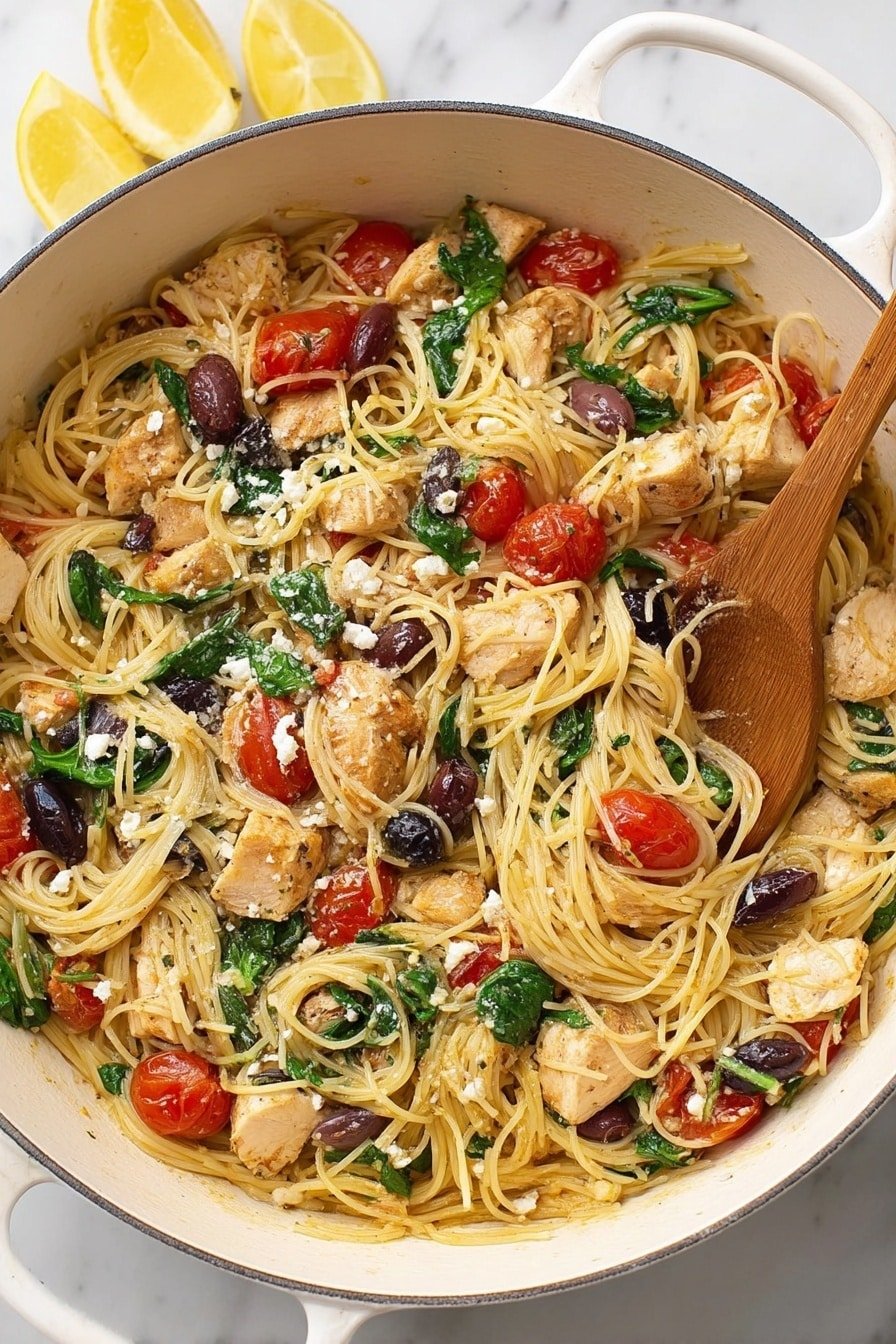 The image shows a white round pan filled with a pasta dish featuring thin spaghetti noodles. The pasta is mixed with pieces of cooked chicken that are light golden-brown, bright red cherry tomato halves, dark purple olives, and fresh green spinach leaves. Small bits of white cheese are sprinkled on top, adding texture. A wooden spoon rests inside the pan, stirring the noodles. In the top left corner, three lemon wedges sit on the white marbled surface. The overall look is colorful and fresh with varying textures and shapes. photo taken with an iphone --ar 2:3 --v 7