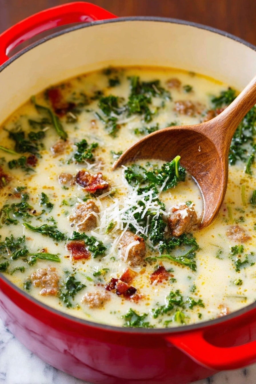 A close-up view of a creamy soup in a red pot with a white inside, sitting on a white marbled surface. The soup has a light yellow creamy base with small pieces of green kale leaves spread throughout. There are also small bits of browned sausage and pieces of reddish-brown bacon mixed in. On top of the soup, some grated cheese orange and white in color is visible. A wooden spoon is dipping into the soup from the right side with some soup and ingredients resting on it. The soup looks rich and hearty with a mix of smooth liquid and chunky textures. photo taken with an iphone --ar 2:3 --v 7