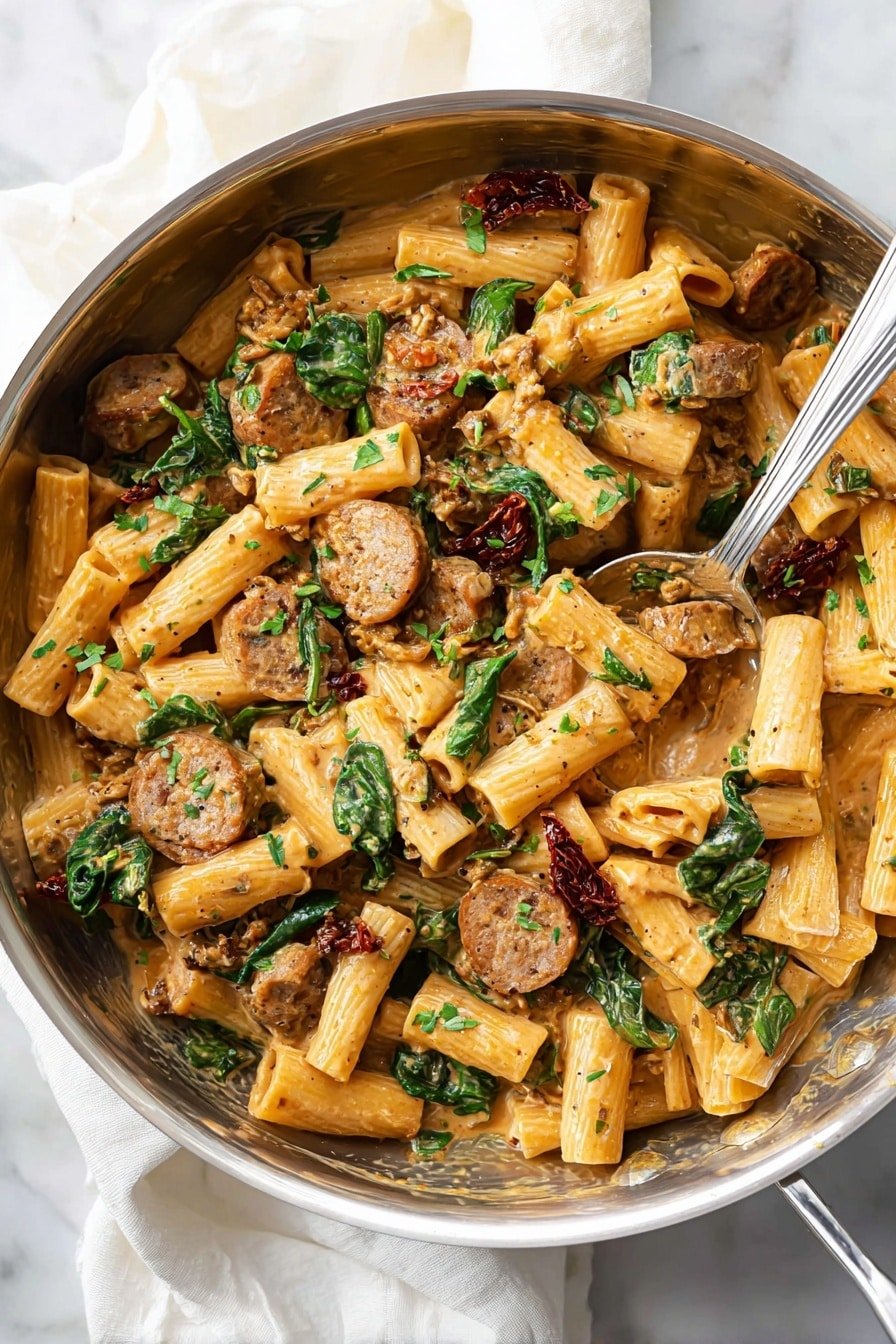 A stainless steel pan filled with cooked rigatoni pasta coated in a creamy light brown sauce, mixed with round slices of browned sausage, dark green spinach leaves, and pieces of dark red sun-dried tomatoes scattered evenly throughout. A large silver spoon rests inside the pan, slightly lifting some of the pasta and sausage, showing the thick consistency of the sauce. The pan sits on a white marbled surface with a white cloth nearby, giving a cozy and fresh kitchen feel. Photo taken with an iphone --ar 2:3 --v 7