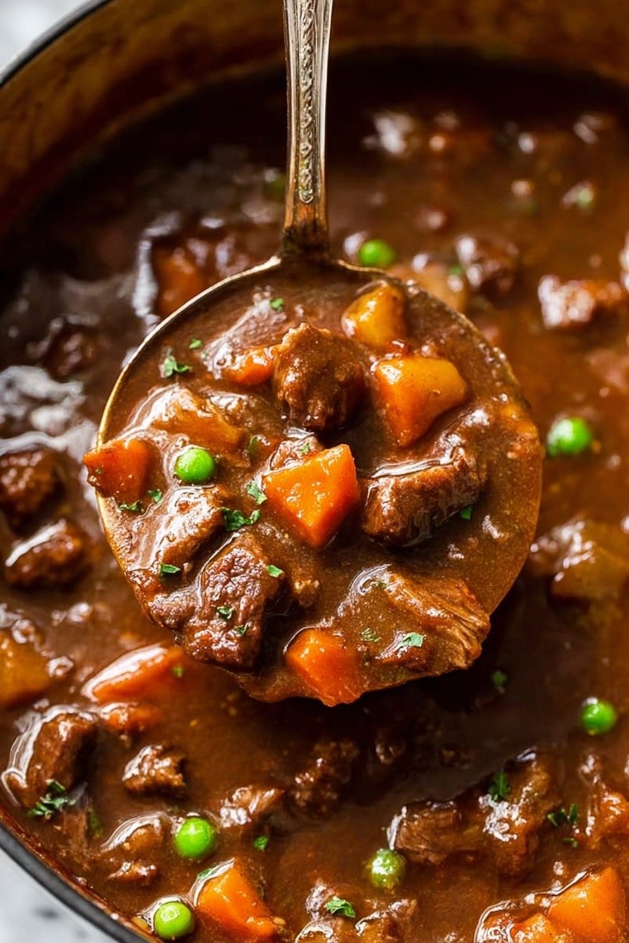 The image shows a thick, rich brown stew filled with tender chunks of beef, small bright orange carrot pieces, and green peas scattered throughout. A silver ladle is lifting a spoonful of the stew, displaying a close-up of the ingredients coated in a shiny, smooth, and glossy sauce. The stew appears hearty and chunky with a mix of soft textures, all resting on a white marbled surface. photo taken with an iphone --ar 2:3 --v 7