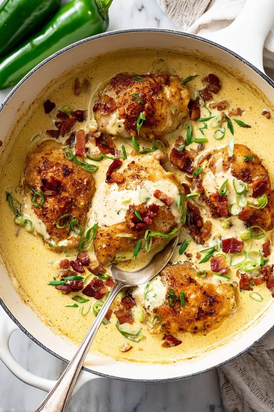 A white pot filled with five browned chicken pieces, each partly covered in a thick, creamy light yellow sauce. The sauce has some small green herb pieces mixed in. Crispy small reddish-brown bacon bits and fresh chopped green onions are scattered over the chicken and sauce. A silver spoon rests inside the pot, slightly lifting one chicken piece. The white pot sits on a white marbled surface with two green peppers to the side. Photo taken with an iphone --ar 2:3 --v 7