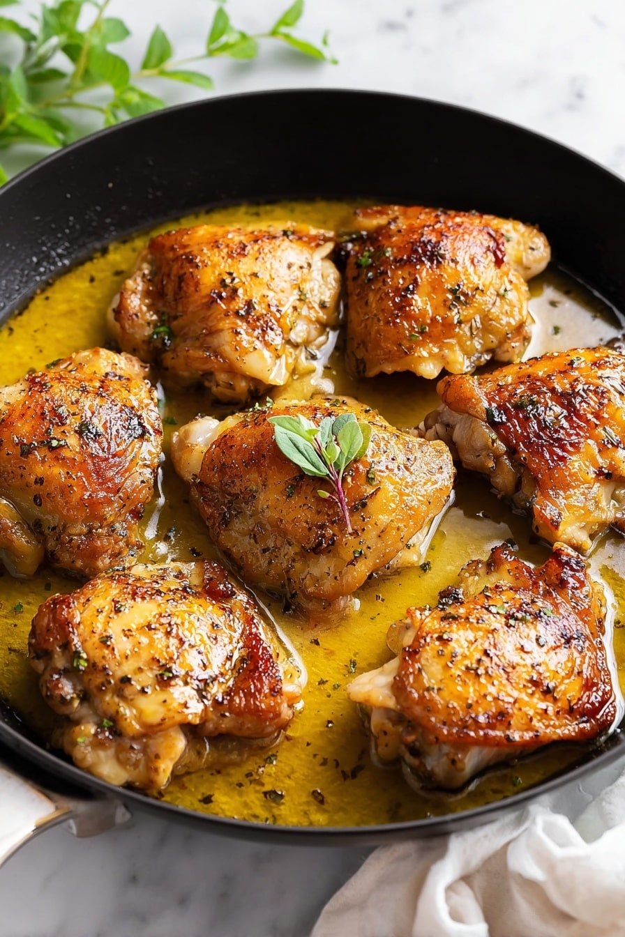 A black skillet filled with eight pieces of golden-brown cooked chicken thighs, arranged in a circular pattern with some pieces overlapping slightly. The chicken skin looks crispy with a mix of light and dark brown colors, showing seasoning and roasted textures. The skillet holds a shiny, oily sauce with a yellowish color that covers the bottom, giving a moist look to the chicken. A small green herb sprig is laid on one piece of chicken, adding a touch of color contrast. The skillet sits on a white marbled surface with soft natural light and a blurred green herb in the background. photo taken with an iphone --ar 2:3 --v 7