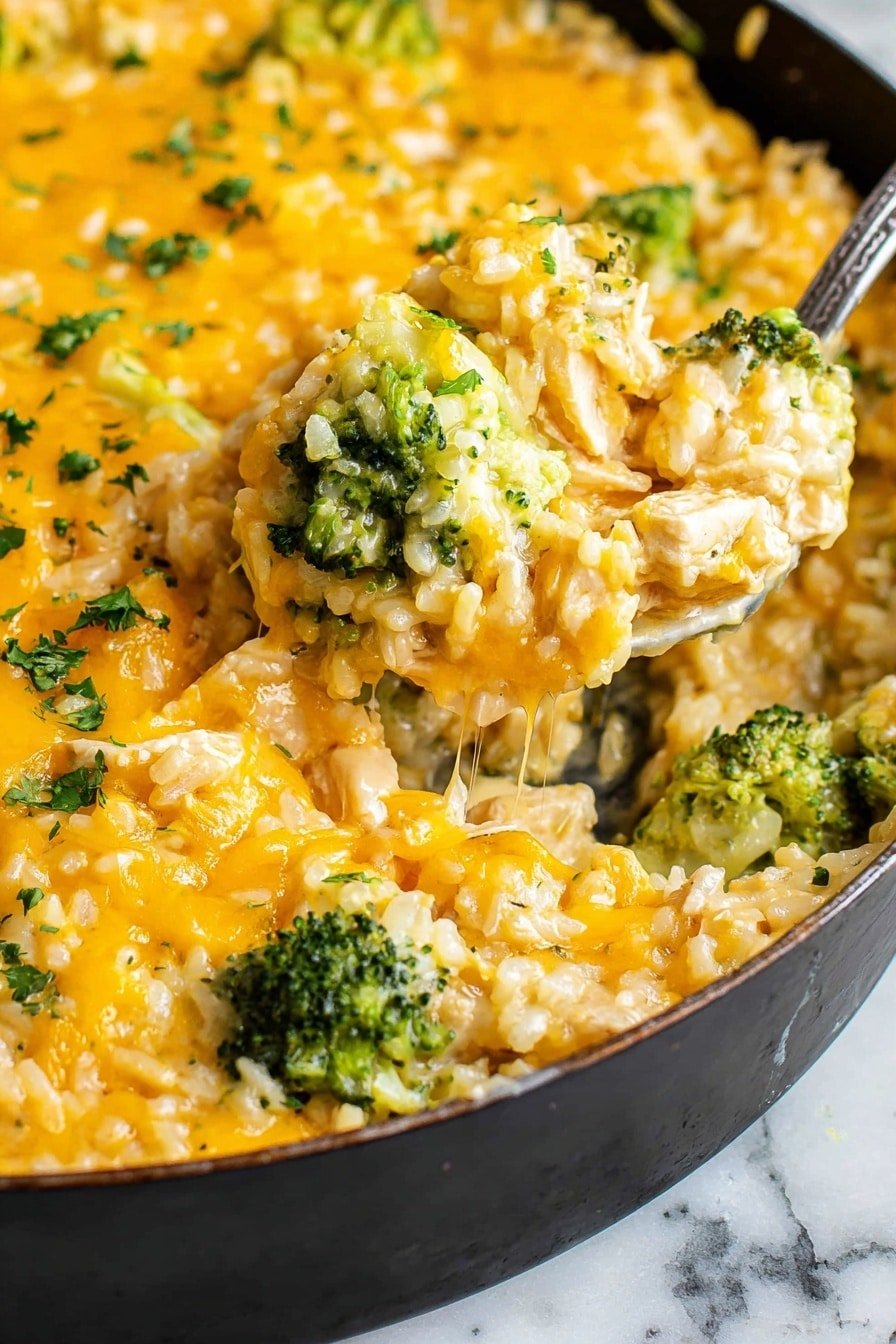 This image shows a close-up of a cheesy casserole in a black pan on a white marbled surface. The dish has three main layers: a base layer of cooked rice and chicken pieces, a middle layer of bright green broccoli florets, and a top layer of melted orange-yellow cheddar cheese with small bits of green parsley scattered on top. A silver spoon is scooping a portion that mixes all layers together, showing the strings of melted cheese stretching slightly. The texture looks creamy and rich, with the broccoli adding a fresh contrast to the dense, cheese-covered rice and chicken photo taken with an iphone --ar 2:3 --v 7