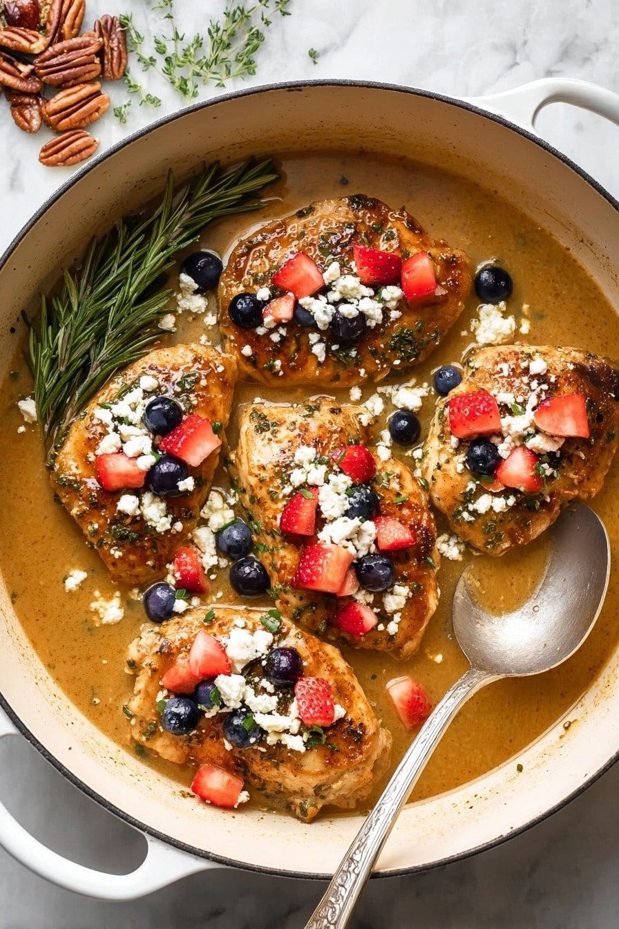 A large white pot filled with five thick, cooked chicken pieces placed evenly inside a light brown sauce with a smooth texture and a few visible herbs. On top of each chicken piece, there are small diced red strawberries, whole dark blueberries, and crumbled white cheese scattered gently, adding vibrant color and texture. To the left side of the pot, a sprig of green rosemary rests on the sauce. A large metal spoon is partially inside the pot on the right side, resting in the sauce near the chicken pieces. The pot is set on a white marbled surface, and there is a small pile of candied pecans nearby photo taken with an iphone --ar 2:3 --v 7