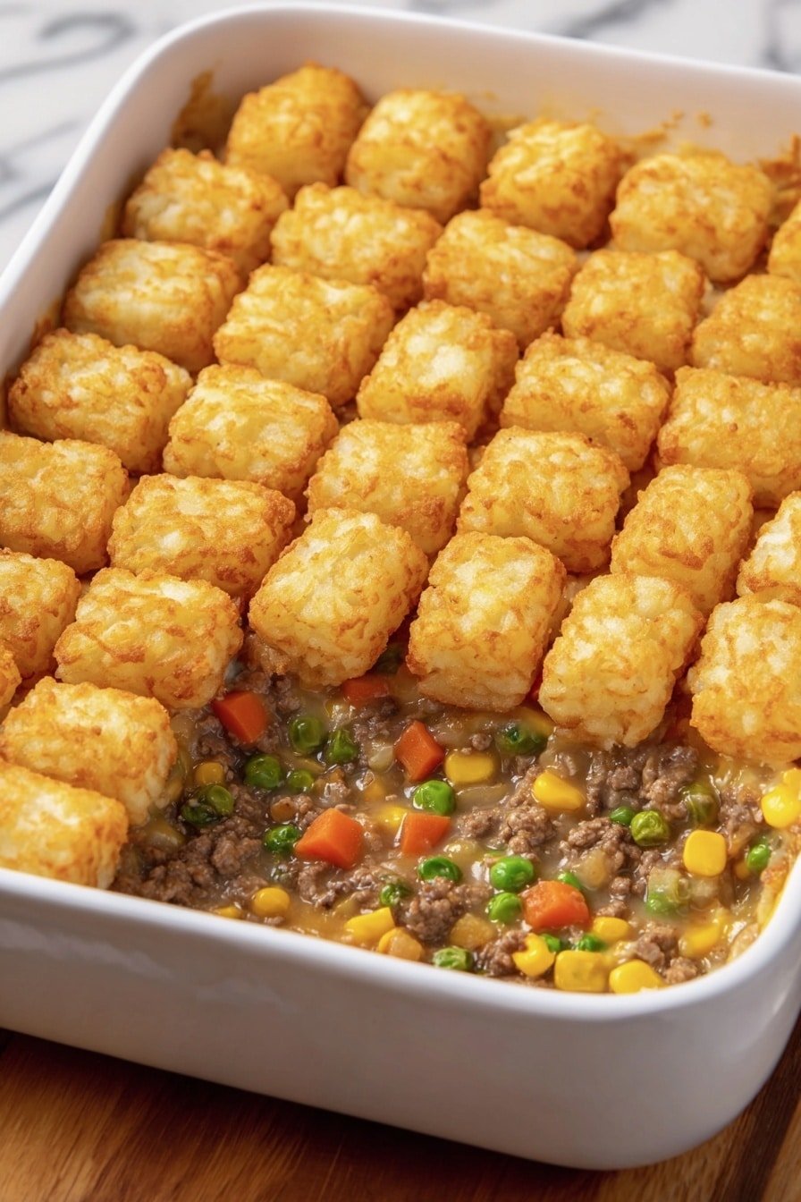 A white baking dish filled with a casserole that has two clear layers: the bottom layer is a creamy mix of ground meat, diced orange carrots, green peas, and yellow corn mixed in a light brown sauce; the top layer is a neat grid of golden-brown tater tots that look crispy and evenly browned, covering the whole surface. Part of the casserole is scooped out, revealing the filling beneath. The dish sits on a wooden table with a white marbled background. photo taken with an iphone --ar 2:3 --v 7
