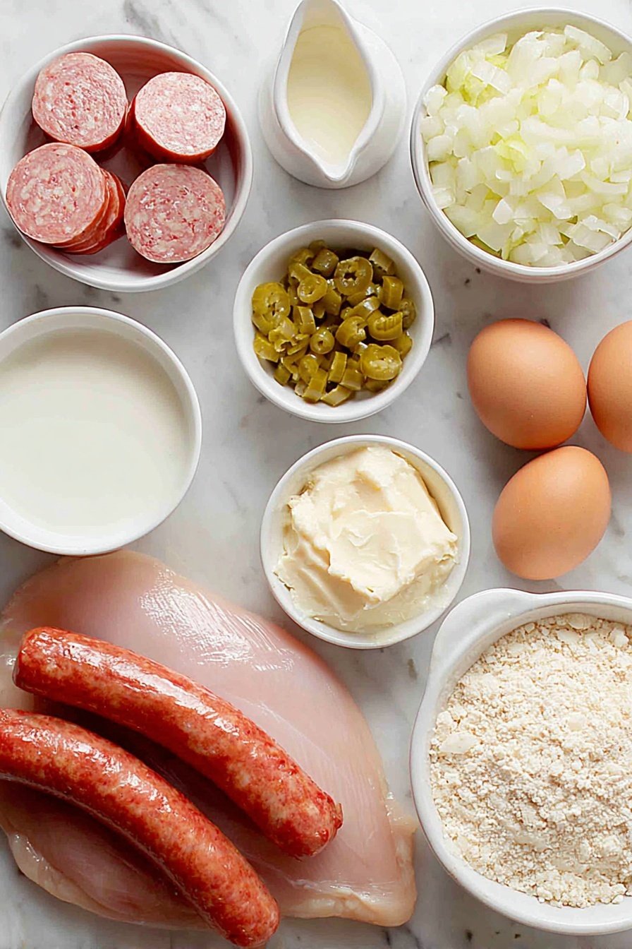 Flat lay of a raw boneless skinless chicken breast, three cooked sausage links sliced into rounds, a halved yellow onion diced, a single rib of celery diced, a few fresh green beans, a small white bowl of creamy sour cream, a small white bowl of milk, a small white bowl of melted butter, a small white bowl of chicken broth, a small white bowl of cream of chicken soup, a small white bowl containing dried thyme and ground sage mixed evenly, a small white bowl filled with dry breadcrumb stuffing mix, two whole uncracked brown eggs, placed on a clean white marble surface, soft natural light, photo taken with an iPhone, professional food photography style, fresh ingredients, white ceramic bowls, no bottles, no duplicates, no utensils, no packaging --ar 2:3 --v 7 --p m7354615311229779997
