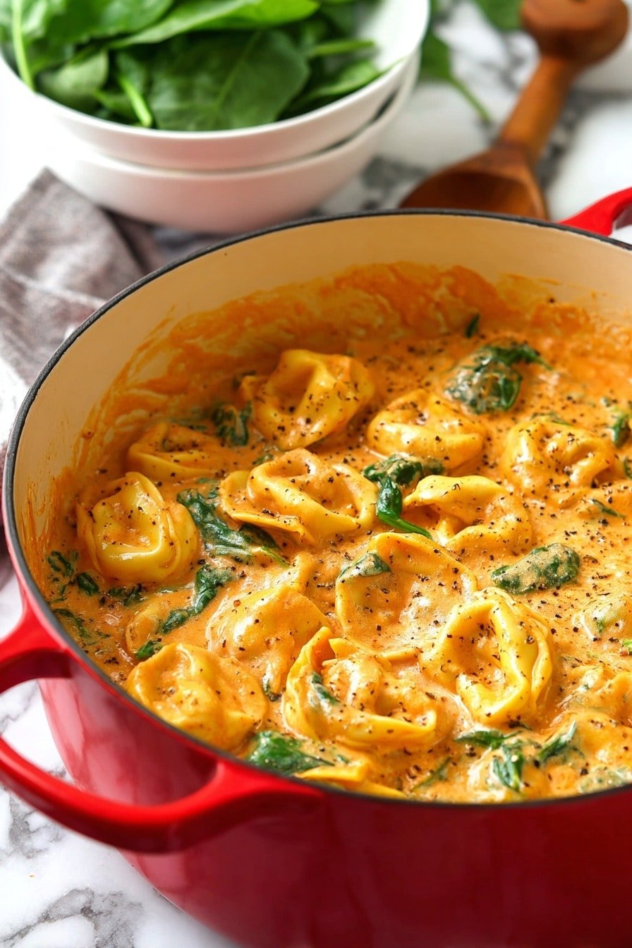 The image shows a red pot filled with creamy orange pasta sauce mixed with yellow tortellini and green spinach leaves. The sauce has a smooth, rich texture with visible black pepper specks. The tortellini are soft and slightly puffed, sitting evenly throughout the sauce. In the background, there are stacked white bowls and fresh spinach leaves on a white marbled surface. A wooden spoon handle is visible next to the pot. The photo taken with an iphone --ar 2:3 --v 7