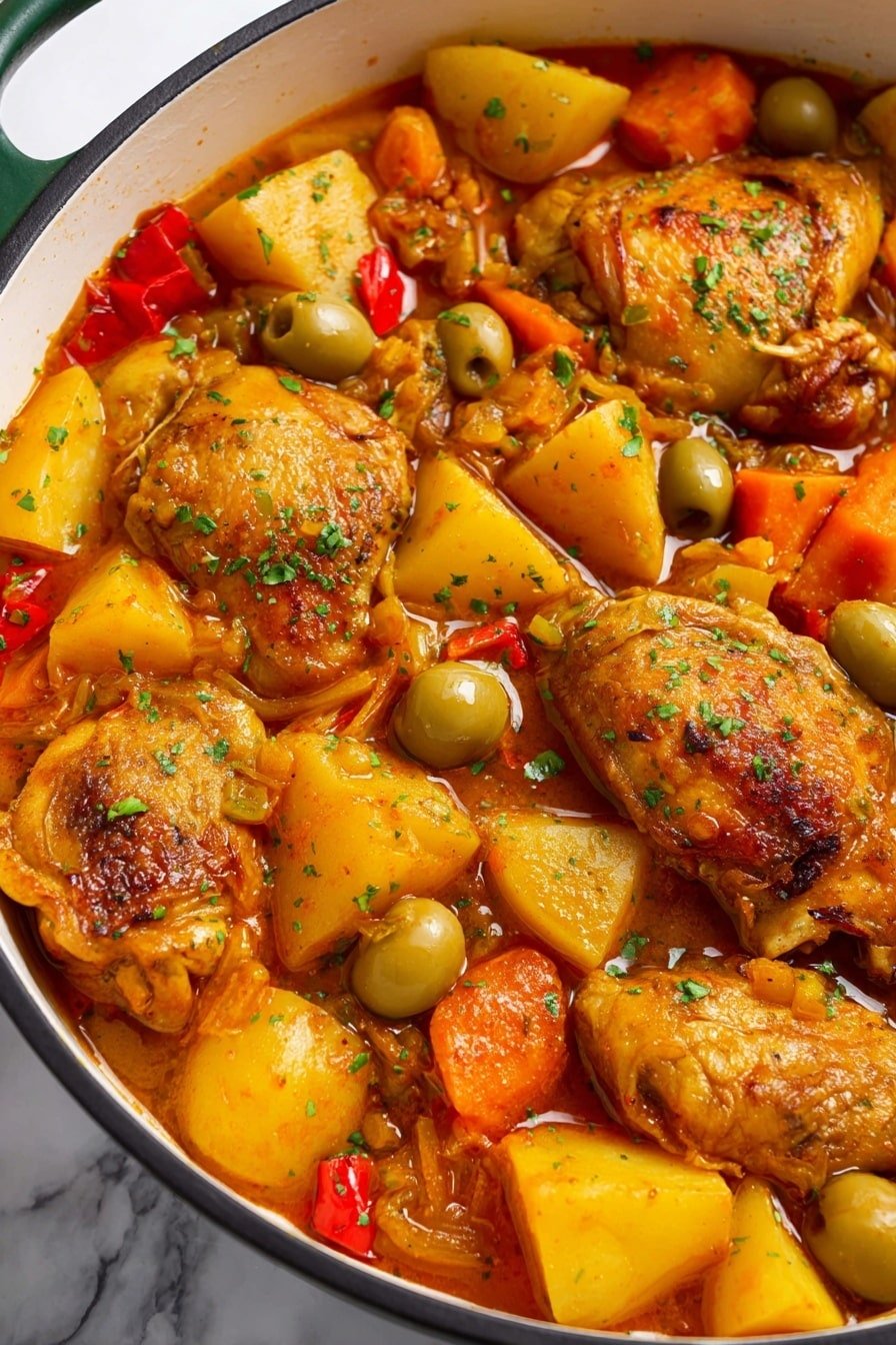 The image shows a rich stew in a white pot filled with large pieces of golden brown cooked chicken evenly mixed with chunky yellow potatoes, orange carrot slices, bright green olives, and small bits of red pepper. The dish is covered in a glossy, deep orange sauce that coats all the ingredients, giving a shiny, moist look. Some small chopped green herbs are sprinkled on top, adding a fresh touch to the warm colors. The pot sits on a white marbled surface, enhancing the vibrant colors of the stew. photo taken with an iphone --ar 2:3 --v 7