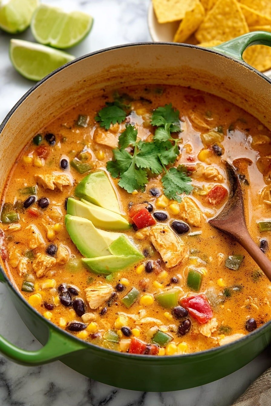 A close-up of a green pot filled with creamy orange soup that has chunks of chicken, yellow corn kernels, black beans, diced green peppers, onions, and small tomato pieces mixed evenly throughout. The soup is topped with three thin slices of green avocado and some fresh green cilantro leaves on one side. A wooden spoon is resting inside the pot on the right side, slightly dipped into the soup. In the background, there are a few yellow tortilla chips and lime wedges on a white marbled surface. Photo taken with an iphone --ar 2:3 --v 7